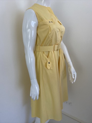 Vintage C&A 36 / 12-14 Yellow Cotton Blend Shirt Dress Fit & Flare Belt Pockets - Picture 5 of 8