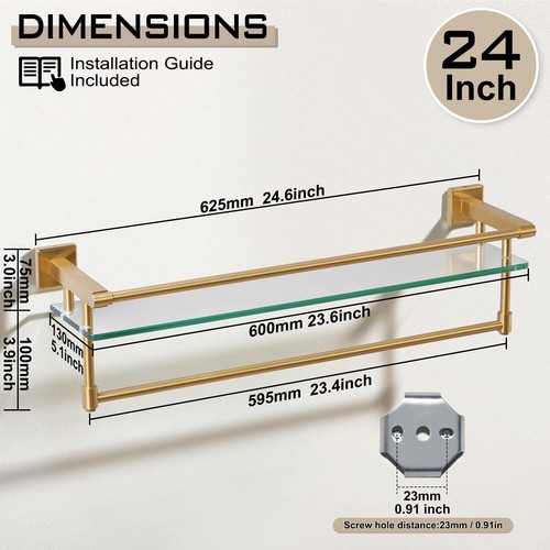 Estante de vidrio para baño con toallero organizador de fregadero de vidrio templado de montaje en pared de 24" - Imagen 7 de 7