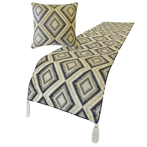 Decorative Blue Jacquard King Bed Runner, Lace & Moroccan Decor - Akida - 第 2/5 張圖片