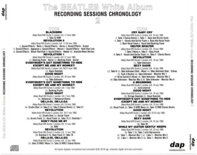 THE BEATLES / WHITE ALBUM : RECORDING SESSIONS CHRONOLOGY