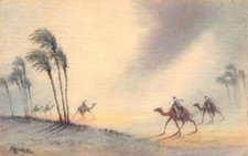 Egypt 1954 Sandstorm in Egyptian Desert Bedouins Camels Art vintage postcard