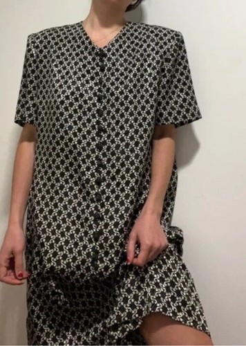 Vintage Leslie Fay Damen 24W Blumen Tunika Zip Maxi schwarz weiß 70er Preppy 80s - Bild 1 von 24