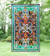 20" x 34" Tiffany Style stained glass window panel jeweled glass