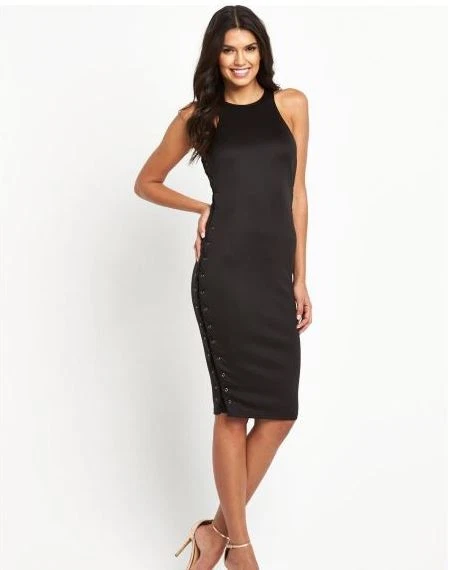 Black Bodycon Midi Dress Size 12 14 16 Ax Paris Eyelet Lace Up RRP