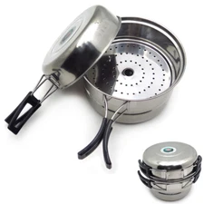 3PCS Outdoor Camping Cookware Stainless Steel Cooking Picnic Bowl Pot Pan Set