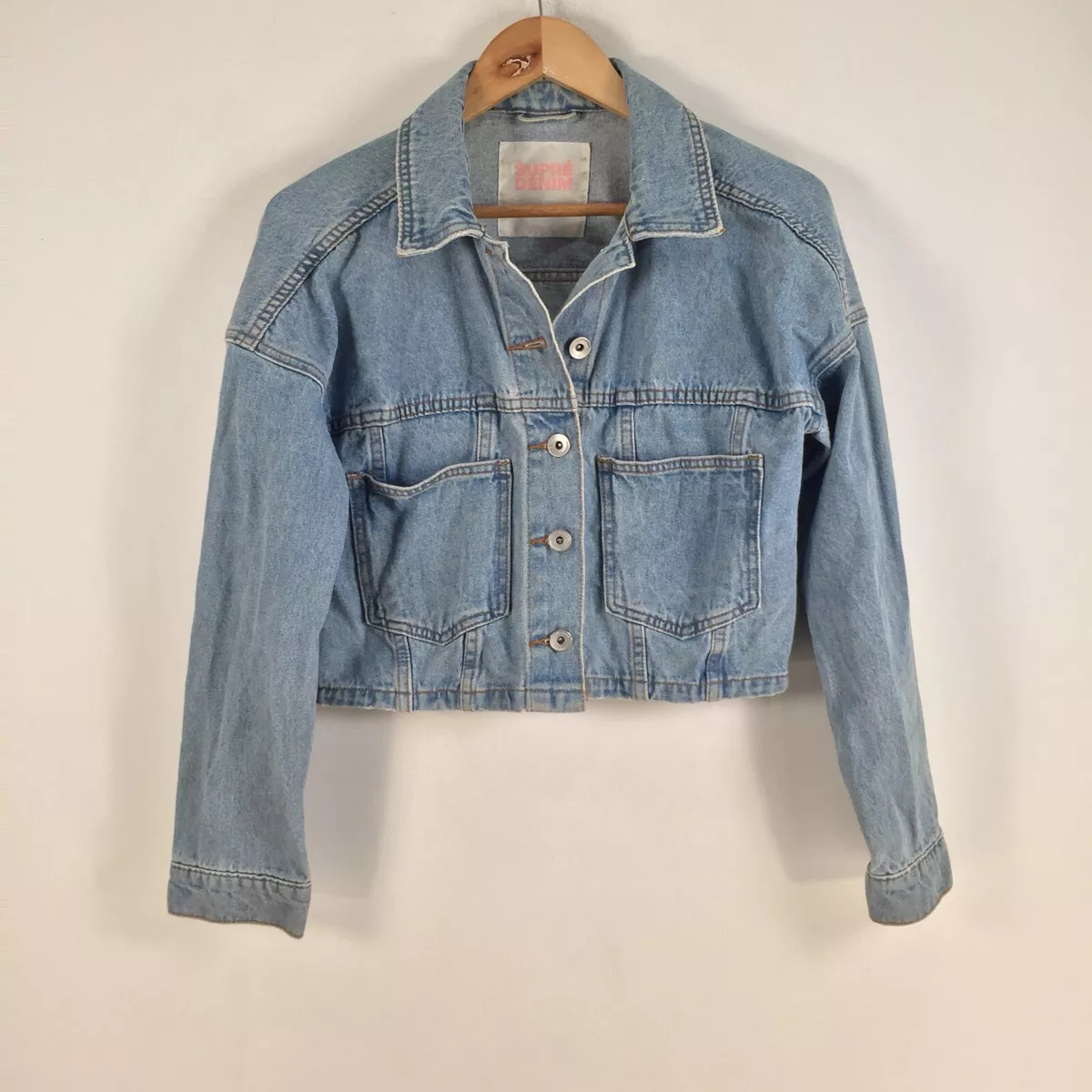 Supre womens denim jacket size S M blue cropped long sleeve cotton
