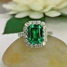 3CT Emerald Cut Lab Created Green Emerald Engagement Ring 14K White Gold Plated