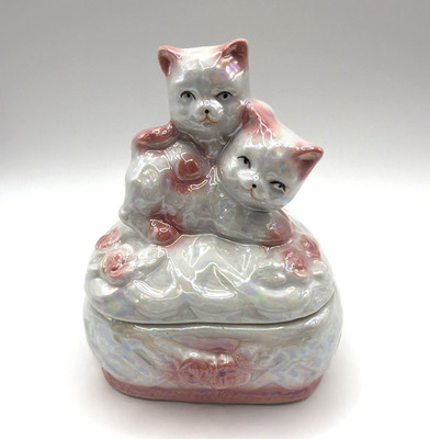 Vintage Lusterware Pink White Two-Kitten Heart Shaped Trinket Vanity Box Cat
