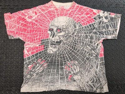 Vintage 90s Morbid Rag Skull Spider Web AOP T Shirt Single Stitch Large Horror L