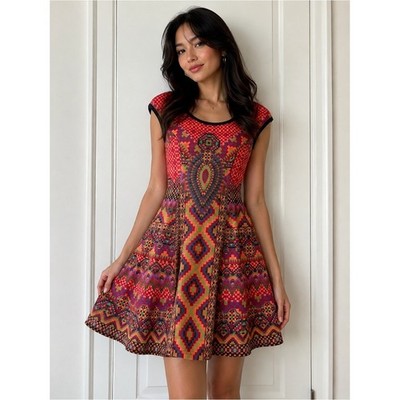 Hale Bob Small Geometric Print Fit Flare Dress Boho Cap Sleeve Scuba