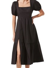 ASTR the Label Midi Maxi Dress Black Poplin Puff Sleeve Square Neck size XS