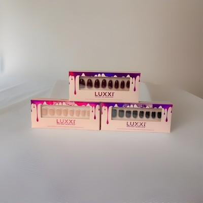 3 LUXXI Black French Tip Press On Glue Fake Nails Full Set Short Square Almond