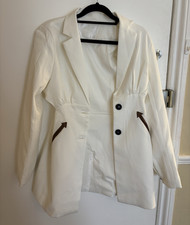 YCH Women’s White Mid-Length Blazer Jacket M Polyester Black Button Closure