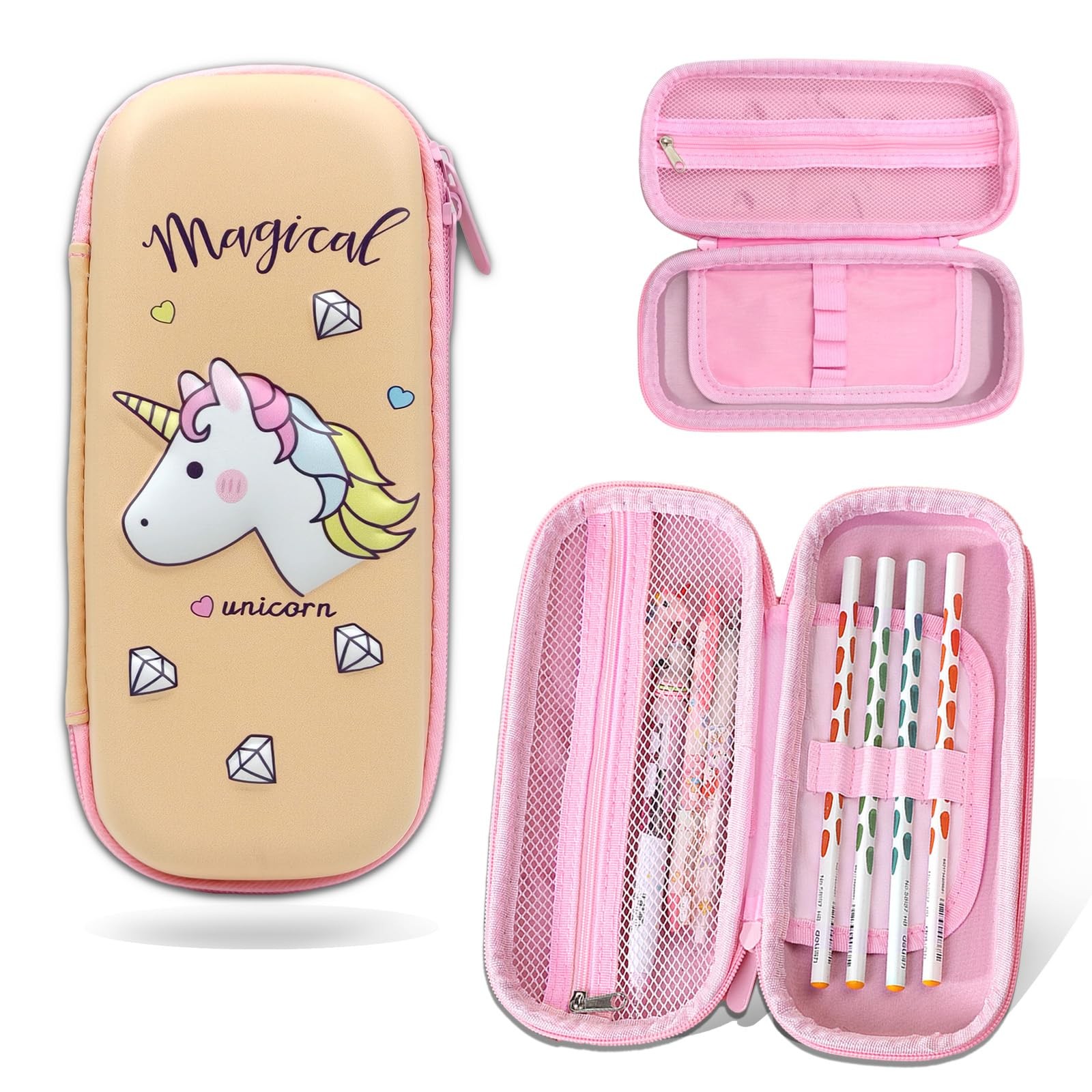 Trousse Crayon avec Compartiments et coque rigide anti-choc motif licorne 3D