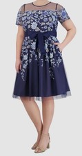 Eliza J Women's Blue Floral Embroidered Illusion Self-Tie Dress Plus Size 18W