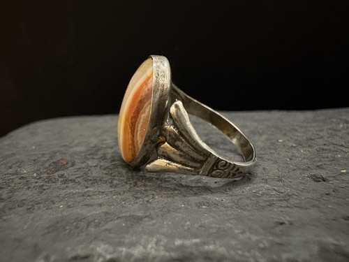 SZ 6 Vintage 40s Sterling Silver Orange Banded Agate Estate Ring 925 - Picture 10 of 17