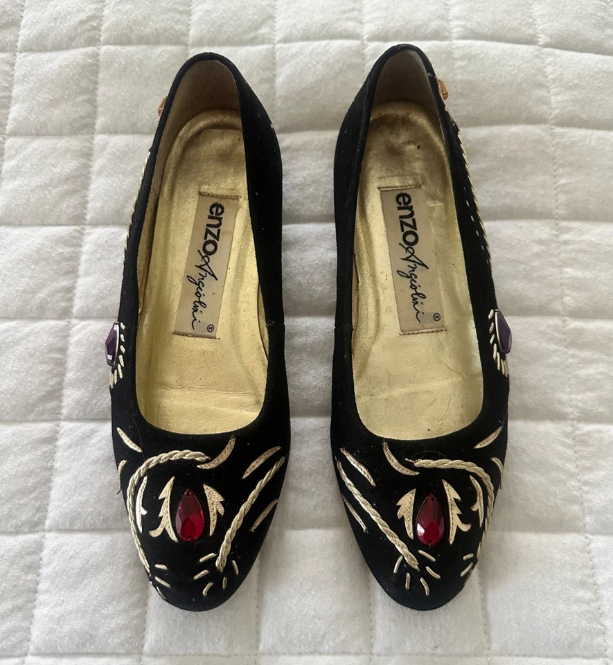 Vintage ENZO ANGIOLINI Mujer Pisos 5.5 Negro Terciopelo Joya Adornado Retro Años 80 Foto 2 de 4