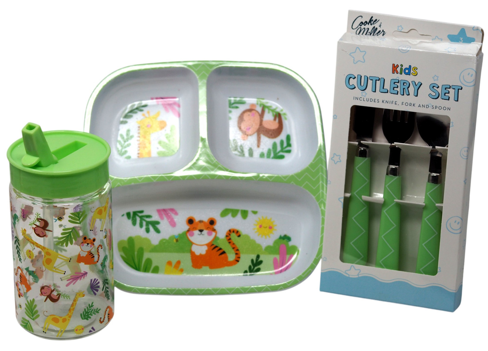 Kids Safari Dinner Set - Divided Plate Cup and Metal Cutlery Set
