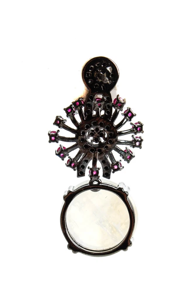 Rarities Womens Sterling Silver Moonstone Ruby Spinel Dangle Earrings 11g 1.25" - Image 3 of 4