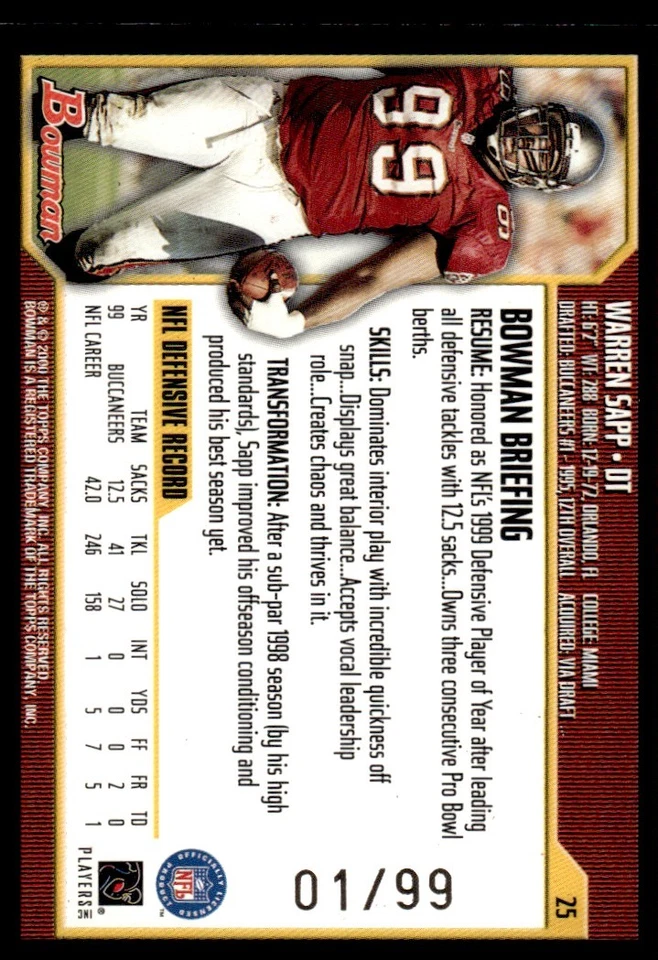 2000 Bowman Gold Warren Sapp 01/99 Buccaneers #25 *Noles2148* - Image 2 of 2