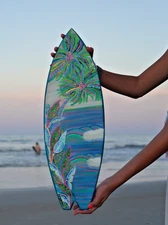 KINGHORN ORIGINAL HAND CARVED WOODEN SURFBOARD HAND PAINTED BEACH SCENE