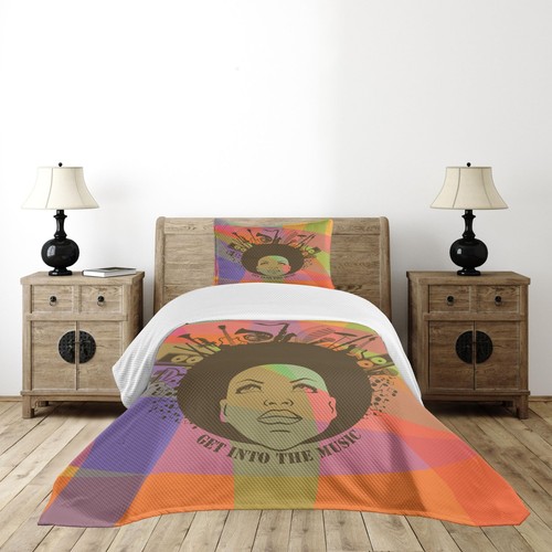 Music Bedspread Set, Illustration of American Young Woman Portrait with Music... - Picture 2 of 6