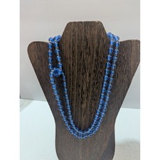 Vintage Blue Glass Hand Knotted Bead Necklace 48 Inch Continuous Strand