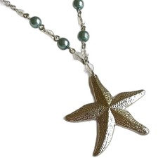 Blue Pearl Starfish Necklace Silver Plated Sea Life Mermaid Island Beach 18"