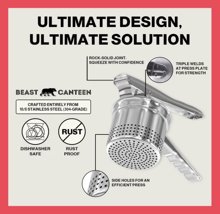 Prensa de patatas acero inox 18/8 para puré esponjoso y verduras, uso profesional Foto 3 de 4