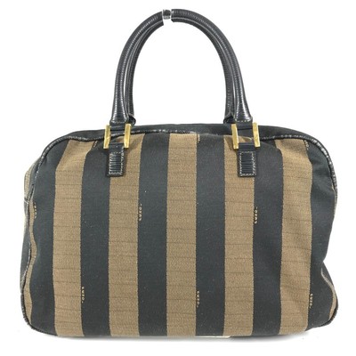 FENDI Vintage Pequin Mini Boston Bag Handbag Leather Canvas Black