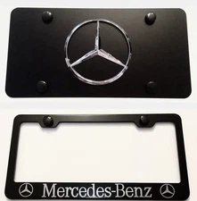 3D Mercedes Benz Large Black Front Plate W/ License Frame Stainless Steel Combo