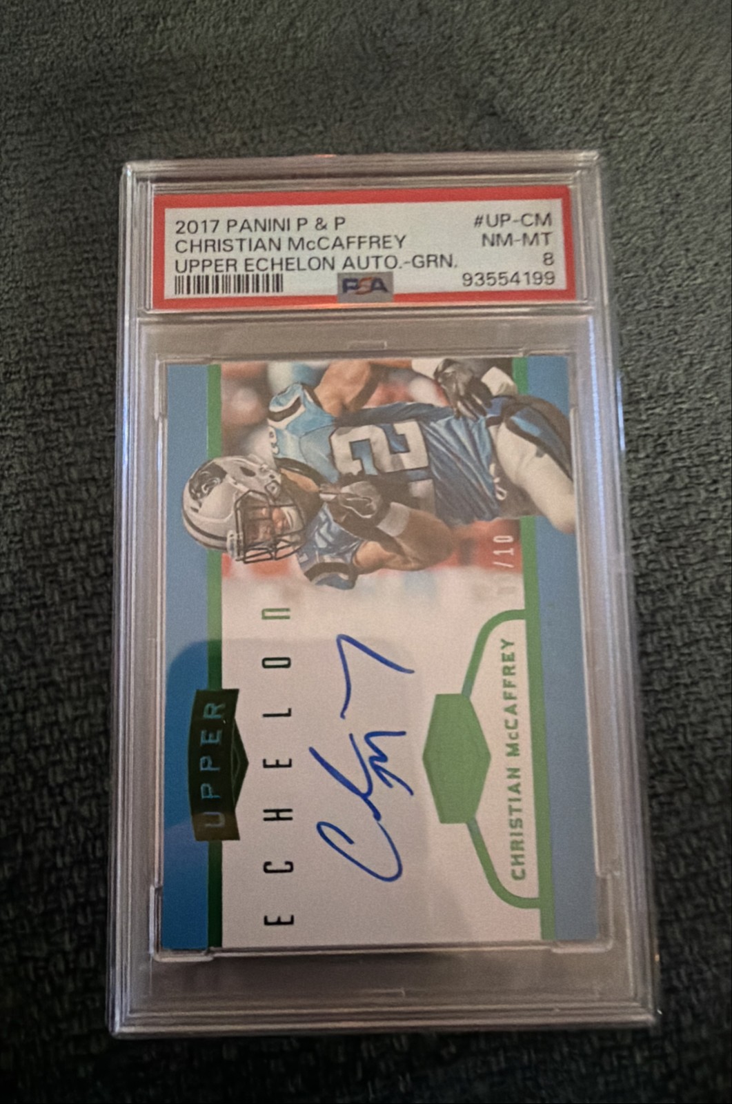 Christian McCaffrey Panini Plates & Patches Upper Echelon Autographs #UPCM Green