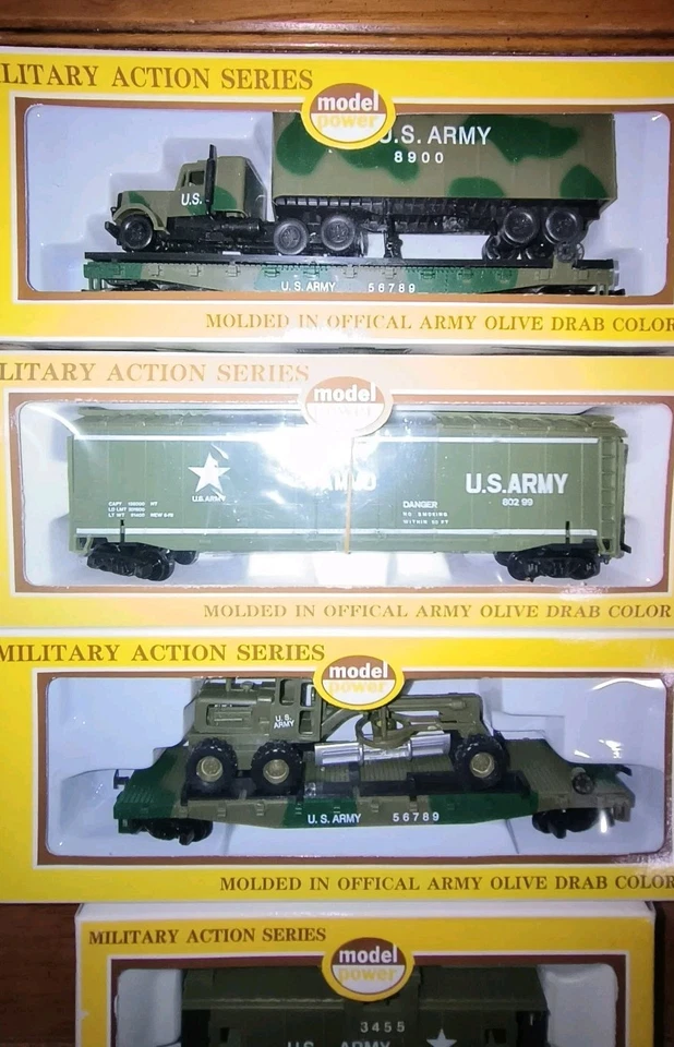 4 PC Model Power Military Action Series 6953 9164 9165 Flatcar Tractor Grader  - Image 2 of 4