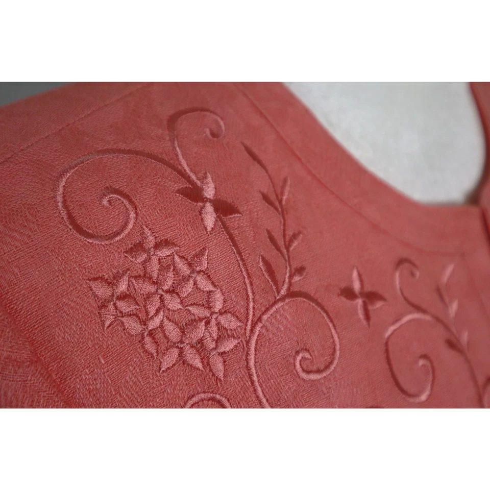Vintage Y2K Coral Pink LINEN COTTON Midi Skirt Suit Embroidered Flowers Set 8 - Image 4 of 4