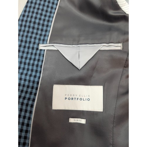 Perry Ellis Portfolio Blazer Sport Coat Mens Linen Blue Gingham Slim Fit Sz 36R - Picture 2 of 14