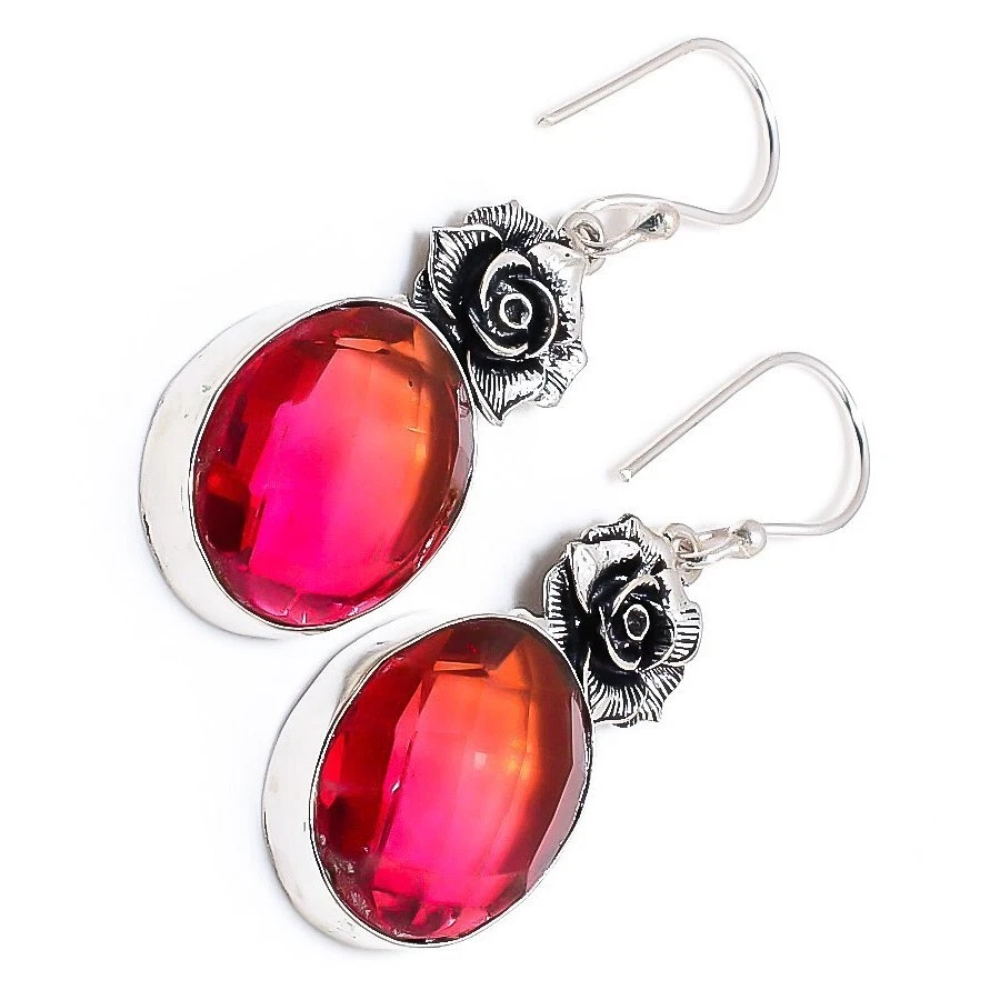 Bio Color Tourmaline Gemstone Handmade 925 Sterling Silver Jewelry Earrings 1.8" - Image 2 of 4