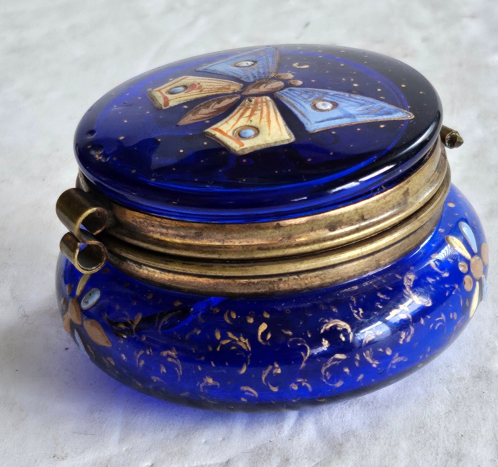 Antique Cobalt blue Glass Dresser Vanity Jar With Hinged Lid Butterfly