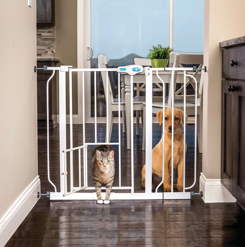 31"H Extra-Wide Walk through Metal Dog Pet Gate, with Additional Small Door, Whi