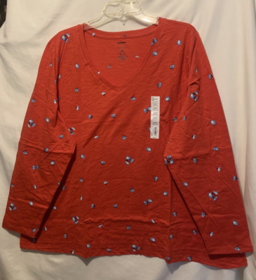 Sonoma Size 2X Pullover Red w/Blue Floral Knit Top, v neck, long sleeves - NWT