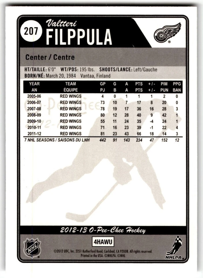Valtteri Filppula 2012-13 O-Pee-Chee Rainbow #207 Detroit Red Wings - Image 2 of 2