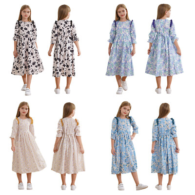 Kids Girls Dresses Beach Sundress Gown Dress Maxi Playwear 3/4 Sleeve Outwear