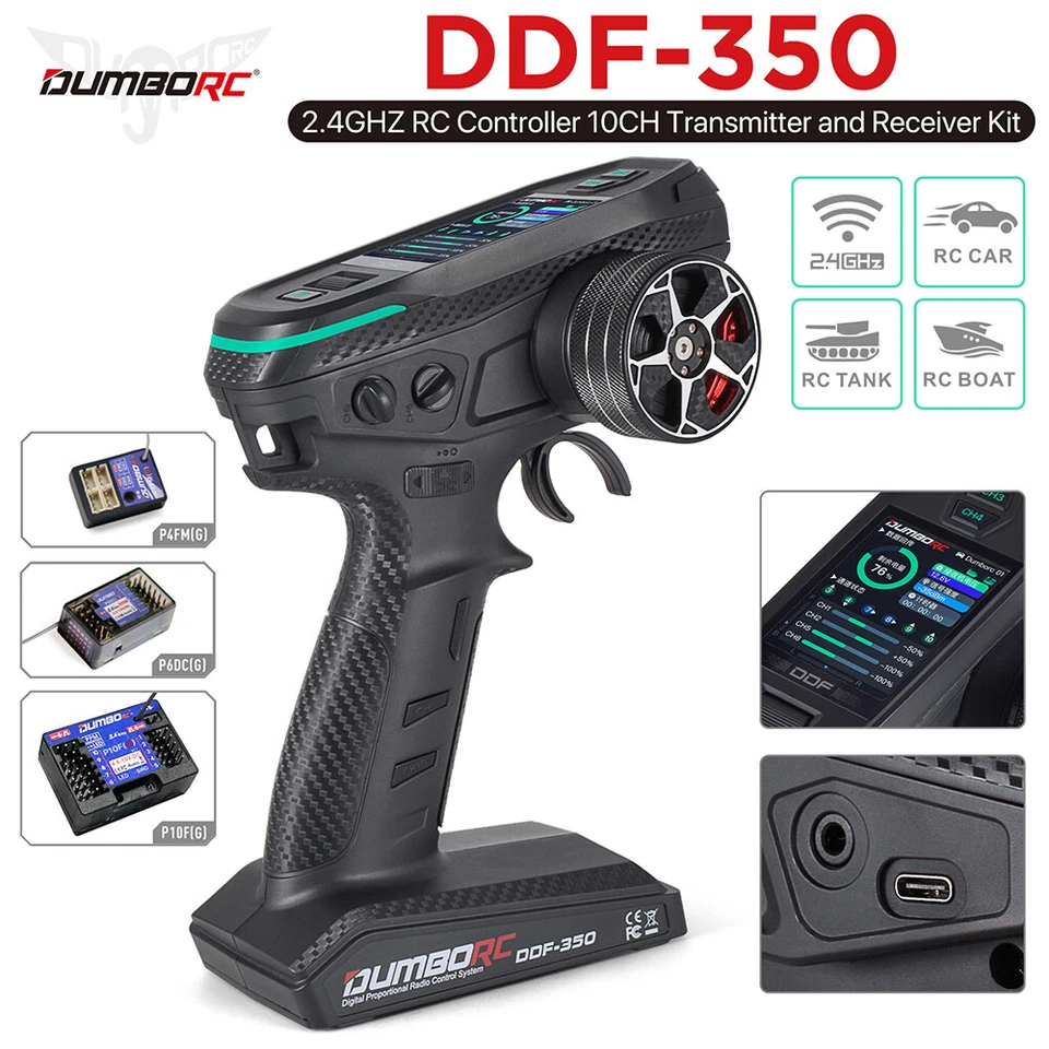 DUMBORC DDF-350 Transmitter w/ Receiver 2.4G 10CH for RC Car Boat Tank LCD FHSS - Image 3 of 4