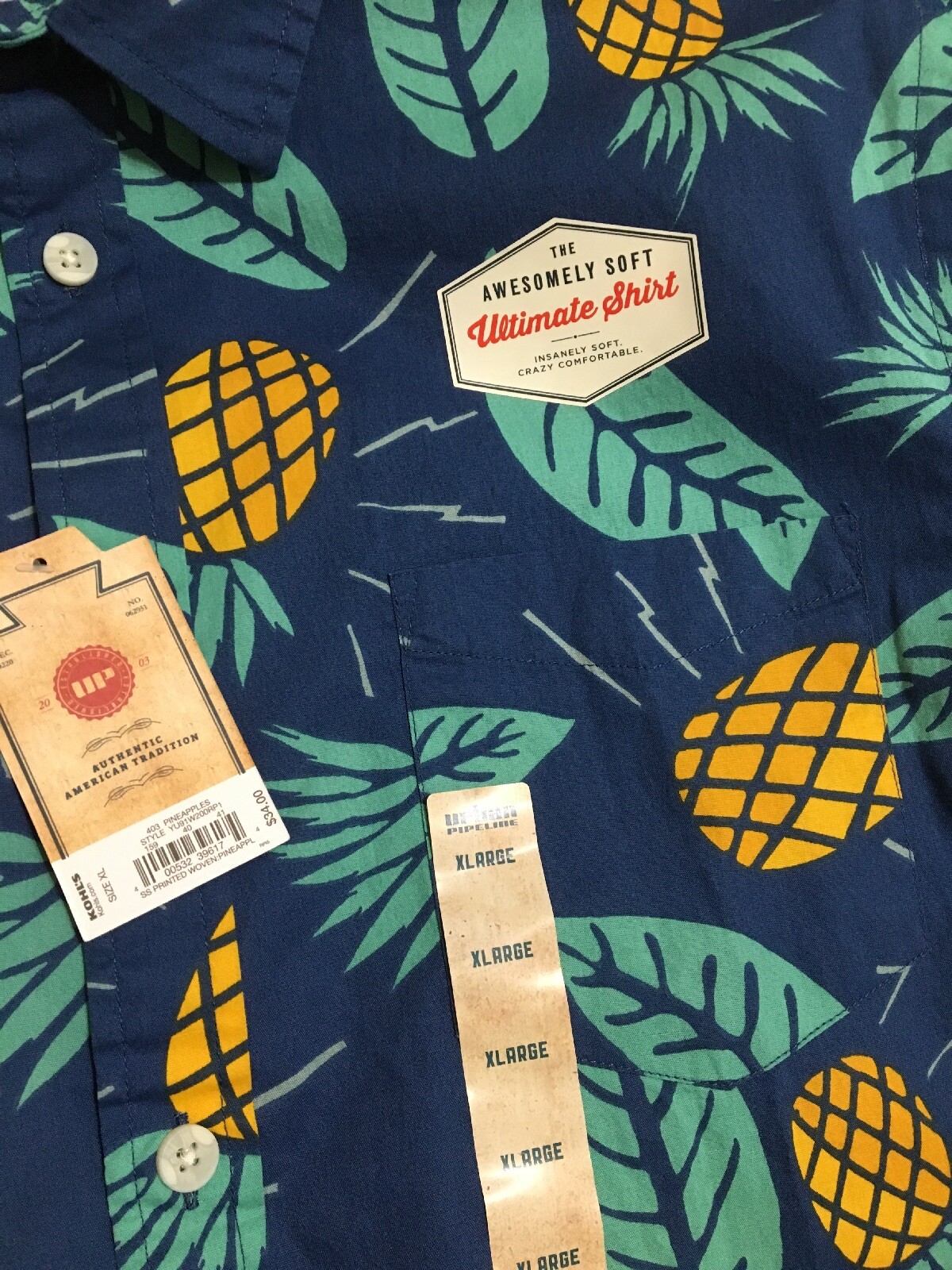 Men’s Urban Pipeline Size XL Navy Short Sleeve Button Down Pineapple