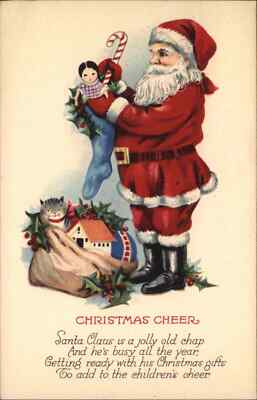 #ad Vintage CHRISTMAS Stecher Ser 1256B Santa Claus Dollhouse Doll Stuffed Cat PC $10.15