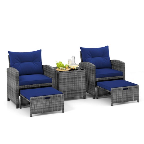 5 Piece Patio Rattan Furniture w/ 2 Ottomans & Tempered Glass Coffee Table