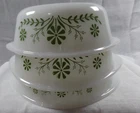 3 Pc Vintage GLASBAKE  Milk Glass Green Daisy Nesting Bakeware # 78, 79 & 80.