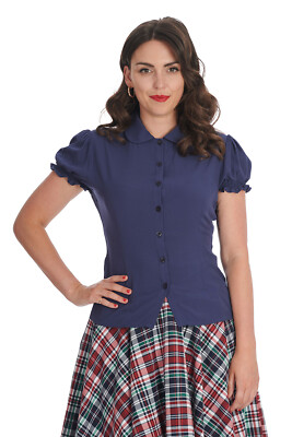 Banned Retro Bluse Betsy Bloom Navy Top Hemdbluse Oberteil Vintage Retro 50er