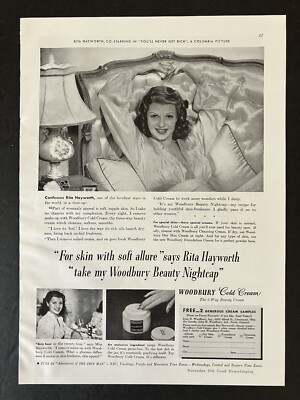 1941 Woodbury Cold Cream Rita Hayworth Sleepwear Bed B&W Vintage Print Ad