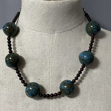 Blue and Brown Mottled Ceramic Bead Statement Necklace