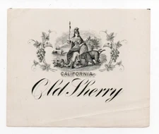 Original 1900 California Old Sherry Wine Label with Minerva & Bear